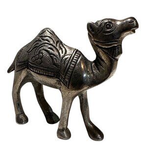 Decorative Silver Tone Brass Camel Figurine With Intricate Design 3.5" X 3"